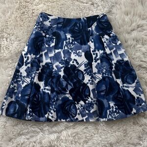 Milly Navy and White Floral Skirt with Box-Pleats